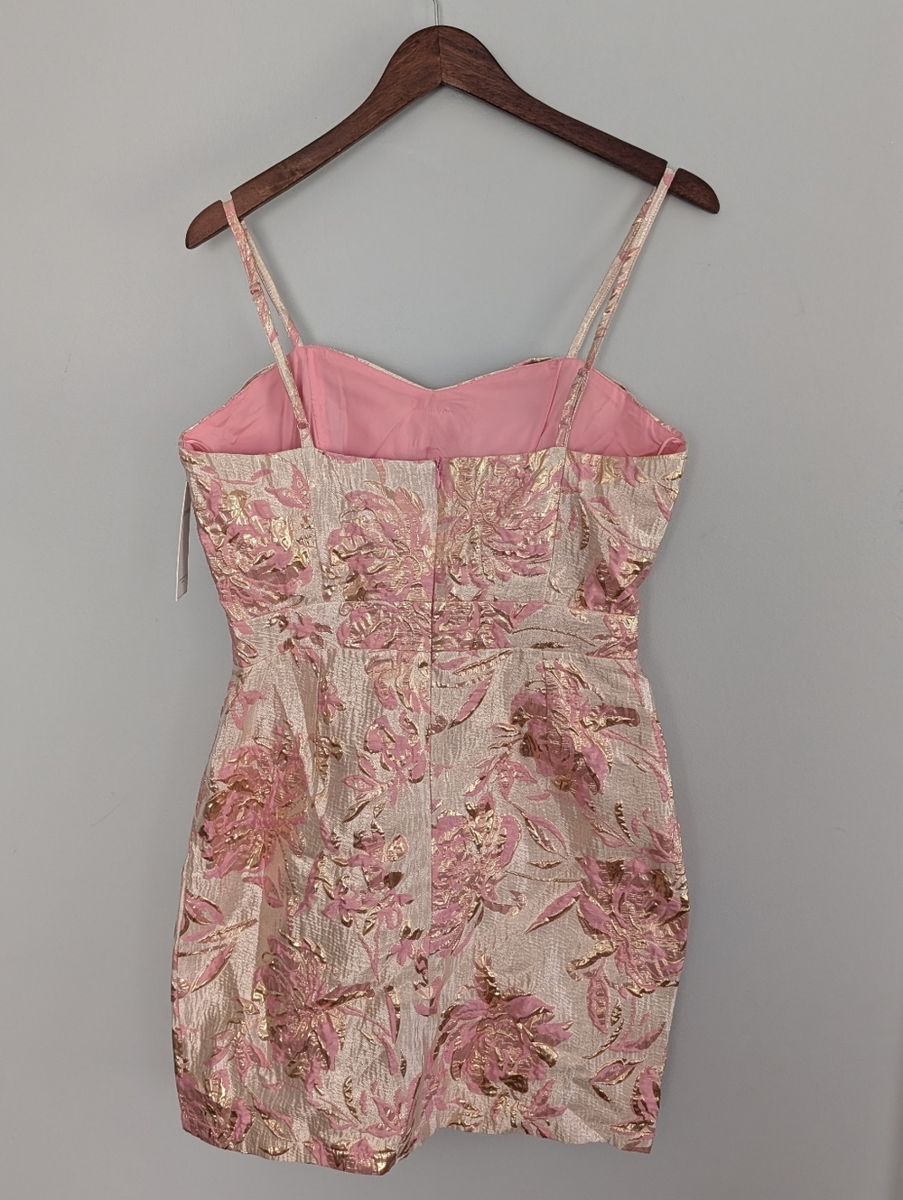 NEW Women's Aura Pink Gold Floral Mini Dress Medium Oversized Bow Front Peekaboo - Picture 6 of 6